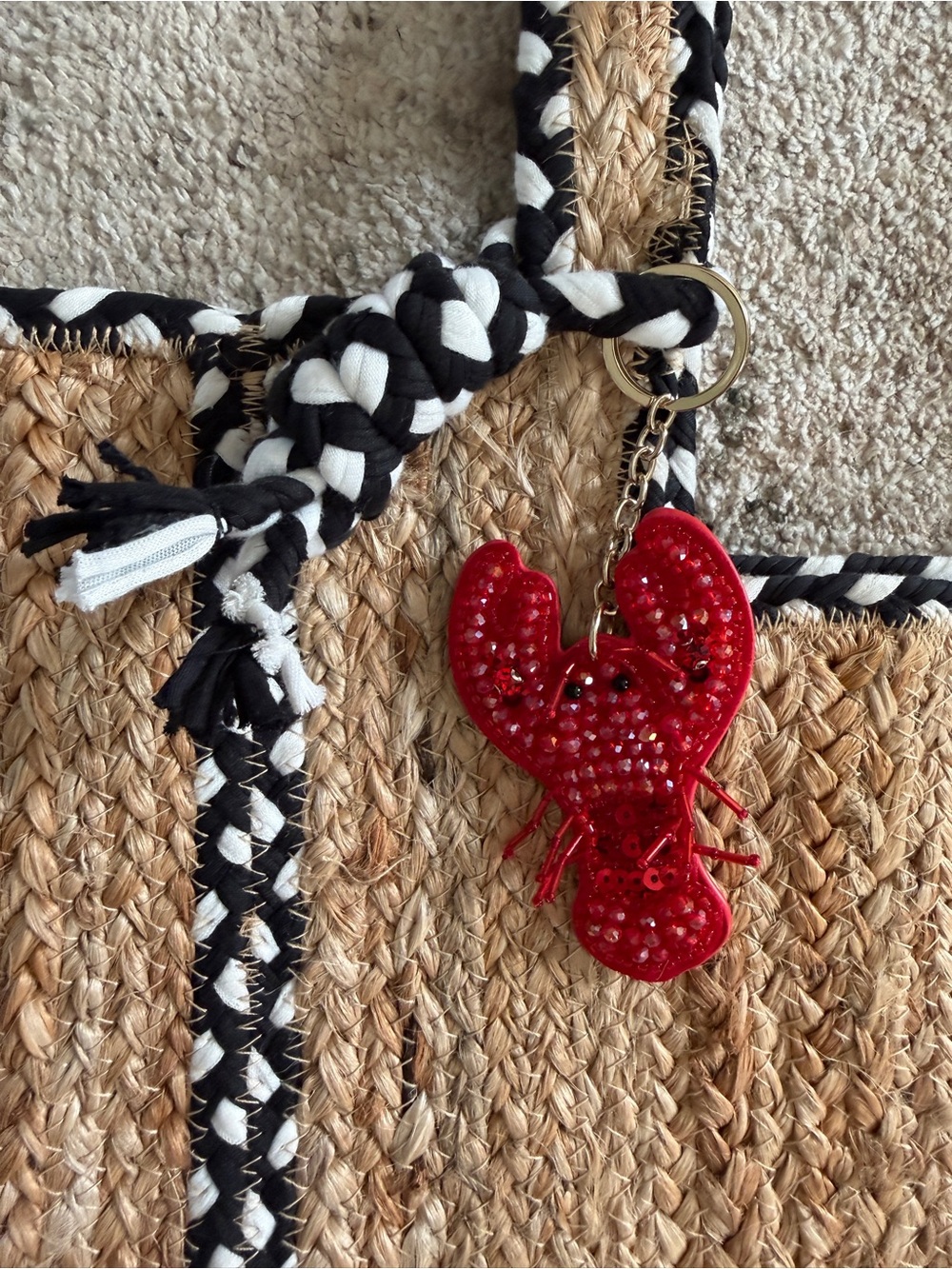 Woven Straw Jute Beach Tote with Lobster Charm | Coastal Summer Bag - Picture 4 of 5